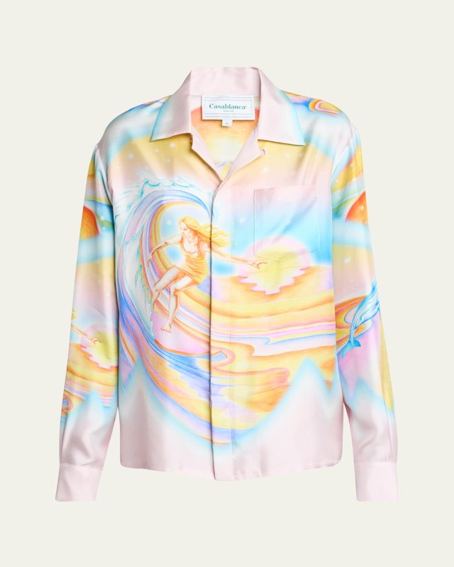 Surf Print Long-Sleeve Silk Blouse